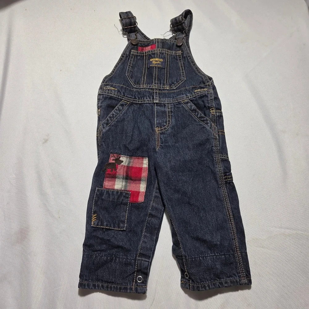 OshKosh‎ Bgosh Baby Boys Dark Denim Plaid Moose Patch Vestbak Overalls 9 Months